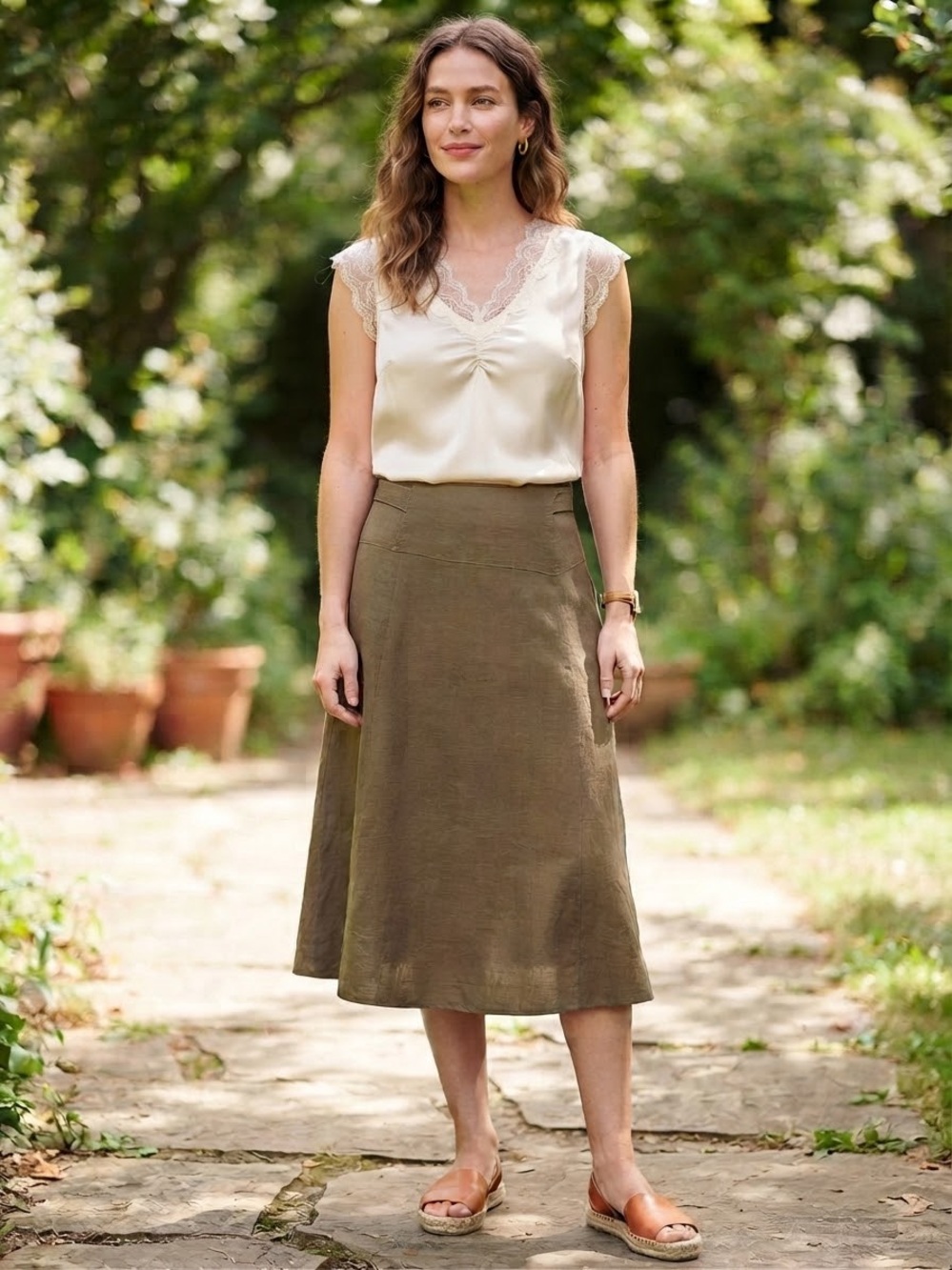 Linen Blend Vintage Brown A-Line Skirt Side Buttons Size 11